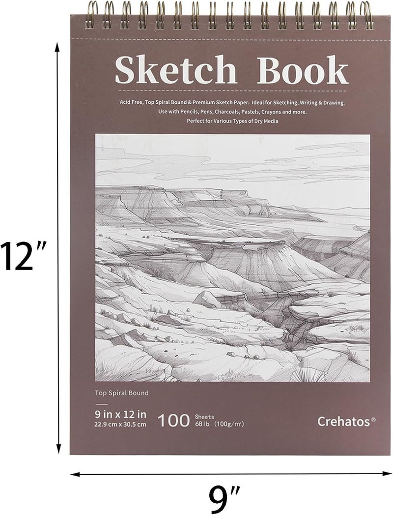 Crehatos 9" x 12" Sketch Book, Top Spiral Bound Sketch Pad, 100 Sheets Each 68lb/100gsm Drawing Paper, 2 Pack - Image 4
